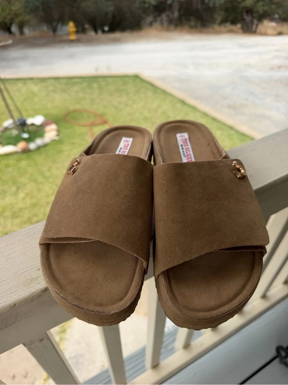True Religion Suede Slide Sandals in Tan